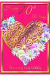 70th Birthday Card - Female - Heart Flowers Pink