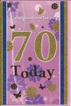 70th Birthday Card - Female - Pink Glitter