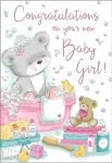 New Baby Girl Card - Bear in the Bath