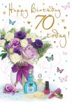70th Birthday Card - Female - Flowers & Perfume - Glittered - Regal