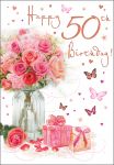 50th Birthday Card - Female - Flowers - Glittered - Regal