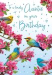 Birthday Card - Auntie Birds & Pink Flowers - Glitter - Regal