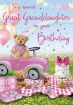 Birthday Card - Great Granddaughter - Teddy Bear Picnic - Glitter - Regal