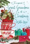 Christmas Card - Great Grandma - Teacups - Glitter - Regal