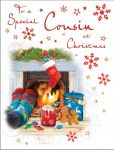 Christmas Card - Cousin - Fireplace - Glittered - Regal