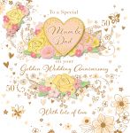 Wedding Anniversary Card Large - 50th Golden Mum & Dad - 3D Glitter - Talking Pictures