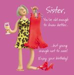 Birthday Card - Sister Red Dress - One Lump Or Two