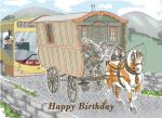 Birthday Card - Man Asleep Gypsy Caravan - Funny Gift Envy