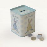 Money Tin Box - New Baby Boy Christening - Blue - Rufus Rabbit