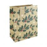 Christmas Holly Gold Kraft Large Gift Bag - 100% Recyclable - Eurowrap 26.5x33x14cm