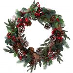 Fir Leaf Snowy Cones Red Berry Round Wreath Artificial Faux Decoration - Gisela Graham