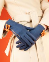 Powder UK Ladies Doris Faux Suede Gloves - Navy & Orange Bow Detail