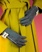 Powder UK Ladies Doris Faux Suede Gloves - Charcoal & Beige Bow Detail