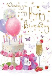 Birthday Card - Wishing You - Cake Balloons Present - Glitter - Regal