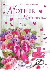Mother's Day Card - Wonderful Mother - Basket Flowers - Glitter - Regal