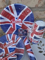 Union Jack Party Table Set - 56 Items - Plates, Bowls, Cups, Cupcake Cases, Flags