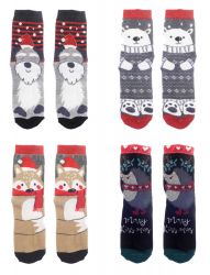 Christmas Novelty Socks Ladies Gift Set - 4 Animal Designs - Free Wreath Gift Bag