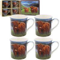 Highland Cows Collection Fine China Mug Gift Set - 4 Mugs