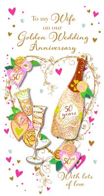 Wedding Anniversary Card - Wife 50th Golden - 3D Glitter - Talking Pictures