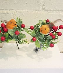 Robin Bird Berry Foliage Pick x 2 - 20cm - Sincere Christmas