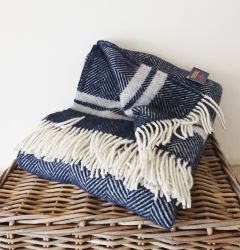 Tweedmill Fishbone 2 Stripe Throw 100% Pure New Wool Navy Blue & Silver Grey