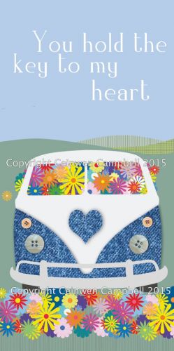 Greetings Card - VW Campervan - Key To My Heart - Arty Penguin