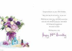 70th Birthday Card - Female - Flowers & Perfume - Glittered - Regal
