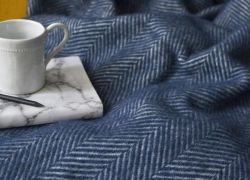 Tweedmill Fishbone Throw 100% Pure New Wool Navy Blue