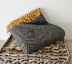 Tweedmill Herringbone Throw 100% Pure New Wool - Navy Blue & Mustard