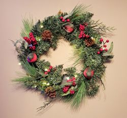 Christmas LED Robin Mixed Pine & Berry Wreath 50cm - Artificial - Sage Decor