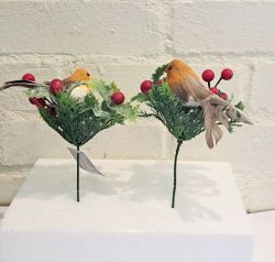 Robin Bird Berry Foliage Pick x 2 - 20cm - Sincere Christmas