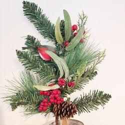 Large Christmas Robin Mixed Pine & Berry Spray 60cm - Artificial - Sage Decor