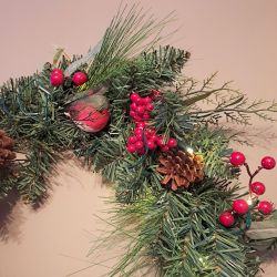 Christmas LED Robin Mixed Pine & Berry Wreath 50cm - Artificial - Sage Decor
