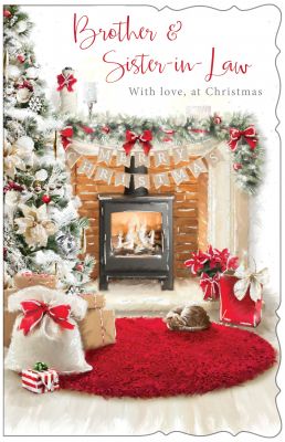 Christmas Card -  Large - Brother & Sister in Law - Log Burner - Glitter - Out of the Blue