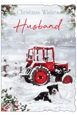 Christmas Card - Husband - Red Tractor - Glitter - Out of the Blue