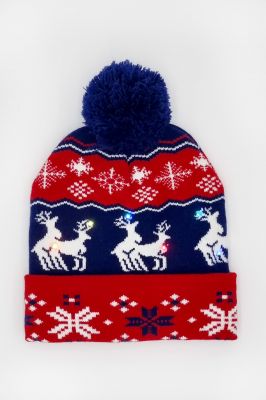 Reindeer Rude Christmas Beanie Hat Light Up - Free Holly Gift Bag - Snazzy Santa