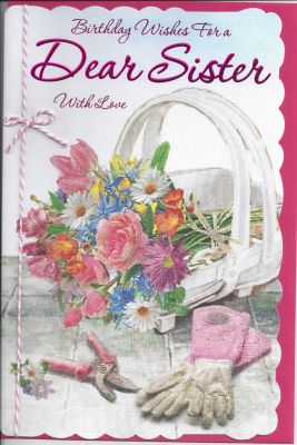 Birthday Card - Large - Sister - Flower Basket - Glitter - Gift Envy