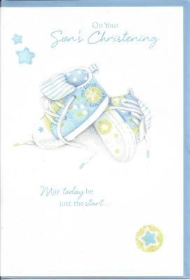 Christening Card - Your Son's Christening - Boy Blue Booties 