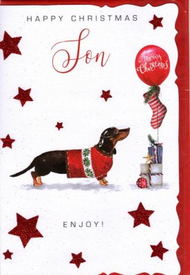 Christmas Card - Son - Dachshund Dog - Glitter - Out of the Blue