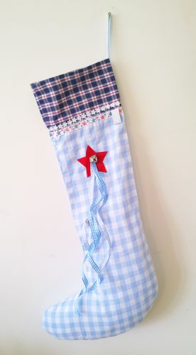 Christmas Blue Gingham Stocking with Bell Detail