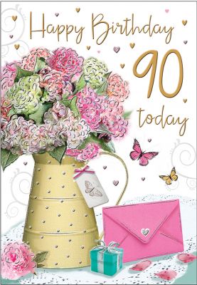 90th Birthday Card - Female - Pink Flowers - Regal