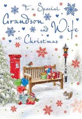 Christmas Card - Grandson & Wife - Bench - Glittered - Regal 