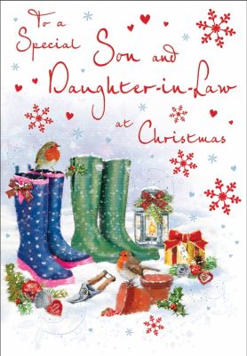 Christmas Card - Son & Daughter in Law - Wellies - Glittered - Regal 