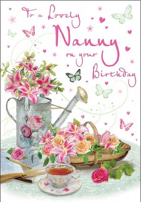 Birthday Card - Nanny - Watering Can Flowers - Glitter - Regal