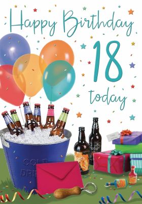 18th Birthday Card - Male Beer & Presents - Glitter - Regal