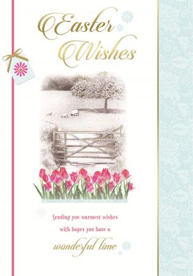 Easter Card - Easter Wishes - Tulips Sheep Field