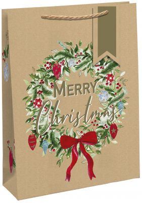 Bulk Buy 6 x Christmas Wreath Kraft Medium Gift Bag - 100% Recyclable - Eurowrap