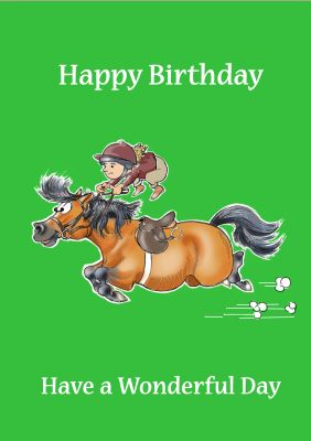 Birthday Card - Girl on Galloping Shetland Pony - Funny Cute Gift Envy