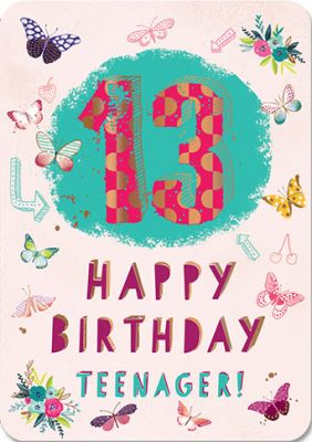 Birthday Card - 13th Teenager Butterfly Pink - Ling Design