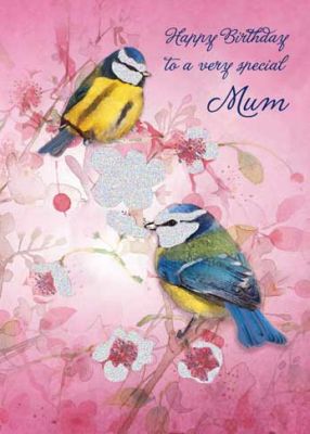 Birthday Card - Mum - Crystal Blue Tits Birds - Glitter - Ling Design